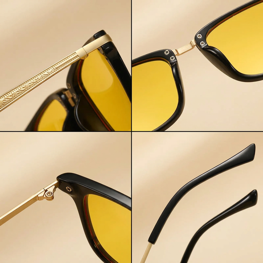 Macro detail of the LiteProducts blue light filtering lens and gold filigree temples