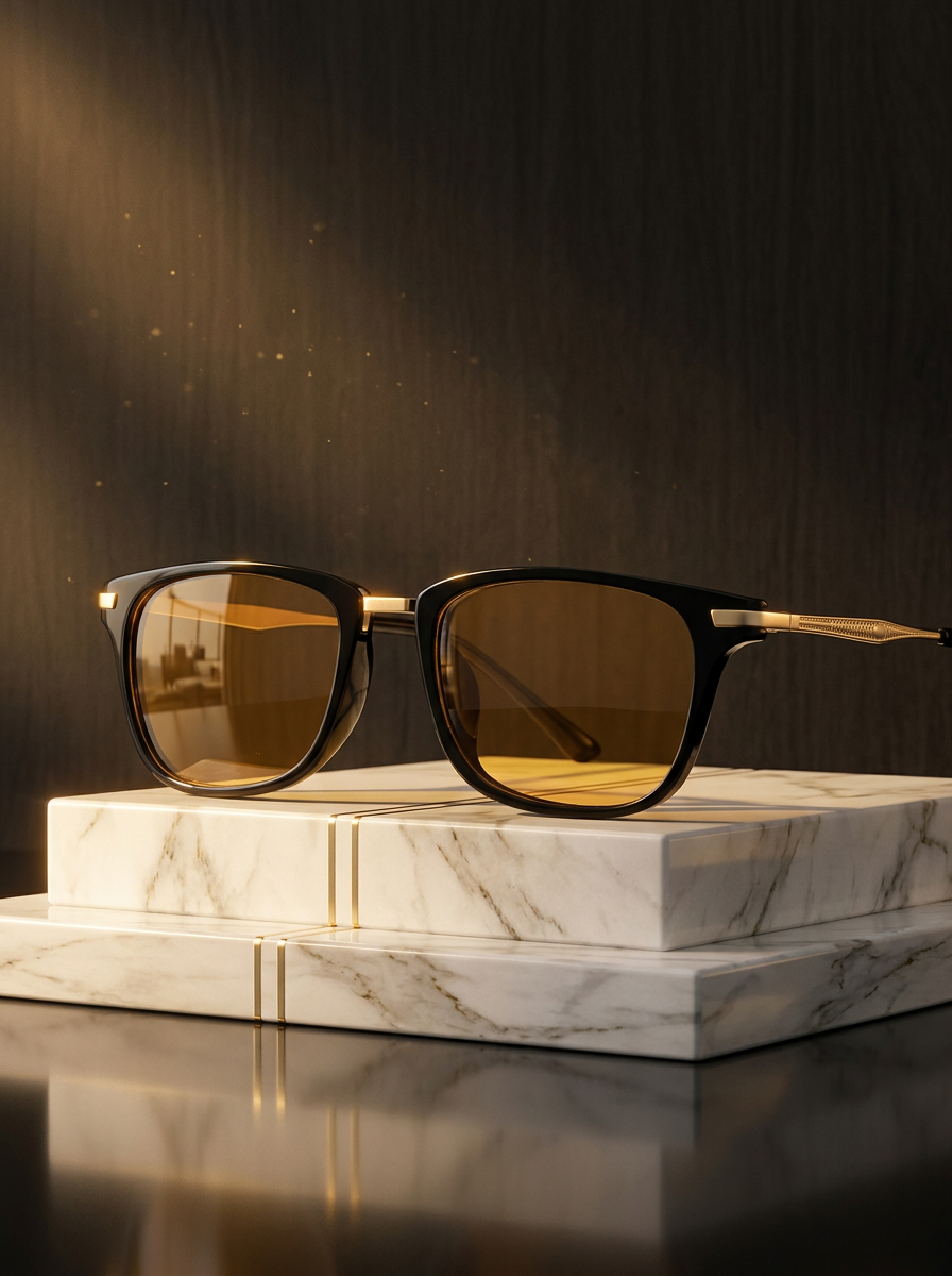 LiteProducts blue light glasses with yellow lenses on a marble pedestal