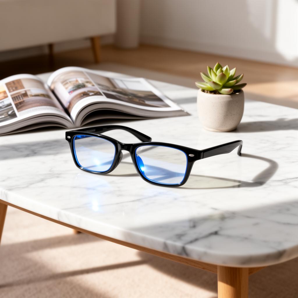 LiteProducts Model O3s glasses on a marble coffee table beside a magazine and a succulent